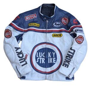 SOLD Vintage 1990's Lucky Strike Leather Motorcycle Coat For Men Size L